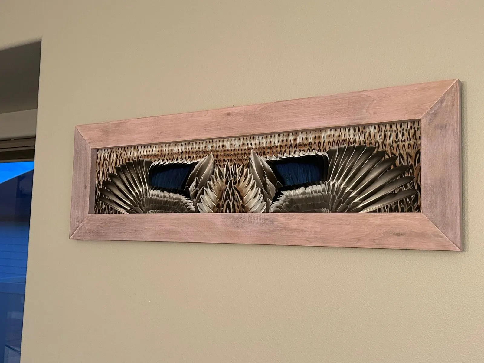 Hen mallard feather board with a pink-tinted frame hanging on a wall